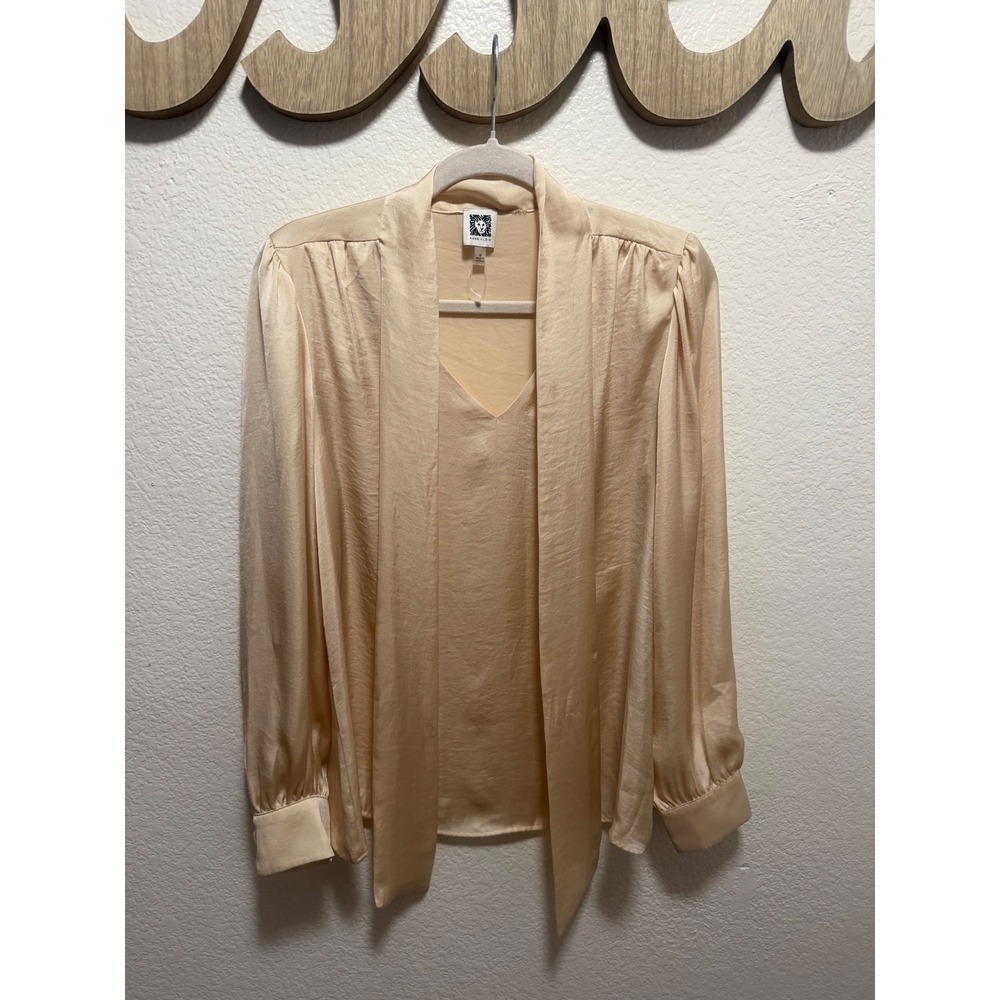 Anne Klein Champagne Beige Satin Scarf Neck Layered Blouse Womens Medium V-Neck